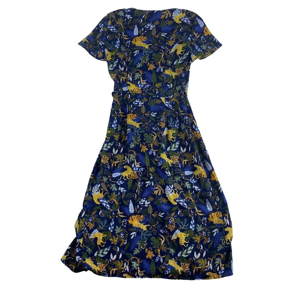 2/$30 J Crew Factory Wrap Dress 0 Navy Blue Cheetah Jungle Novelty Print Satin - Picture 5 of 13
